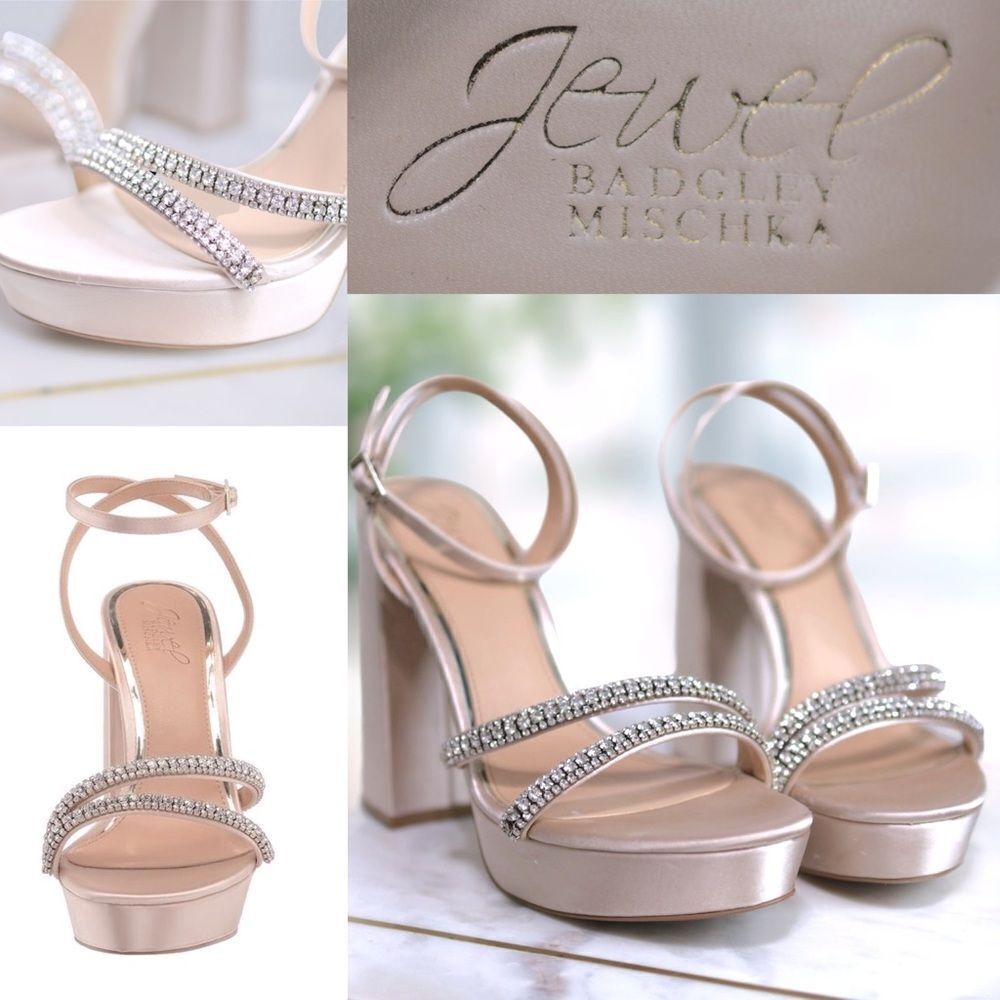 Jewel Badgley Mischka Rochel Embellished Block Platform Strappy Heel Size 8.5